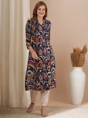 Abstract Ikat Printed Straight Fit Kurta - Navy Blue