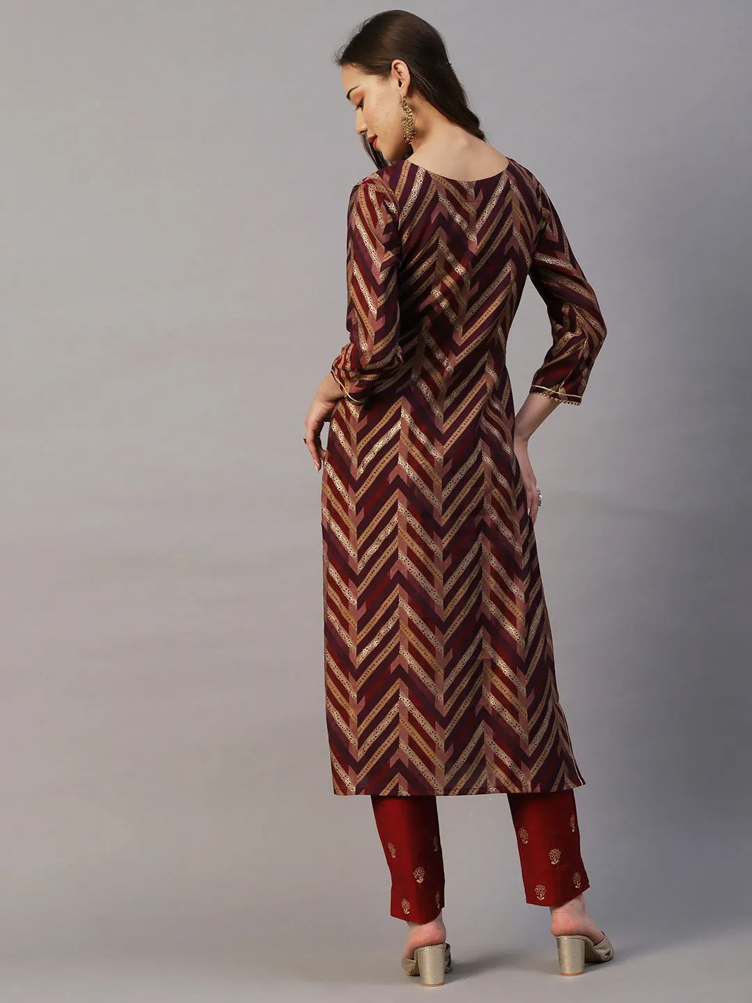 Chevron & Ethnic Foil Printed Zardozi Embroidered Kurta - Burgundy & Mauve