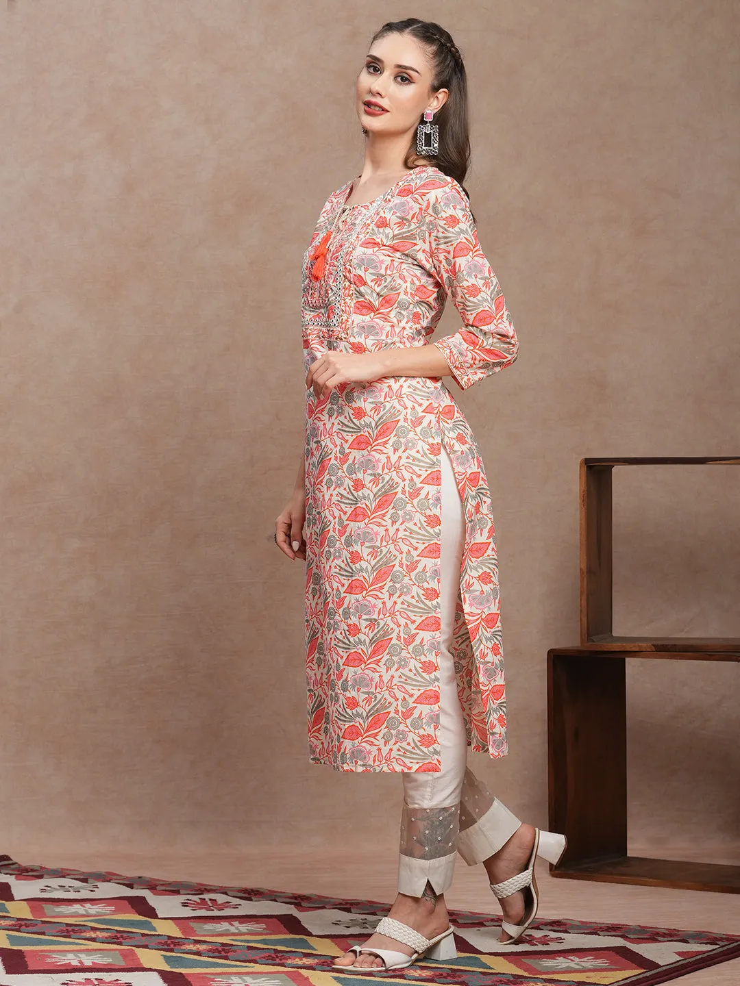 Ethnic Floral Printed & Mirror Embroidered Straight Fit Kurta - Off White