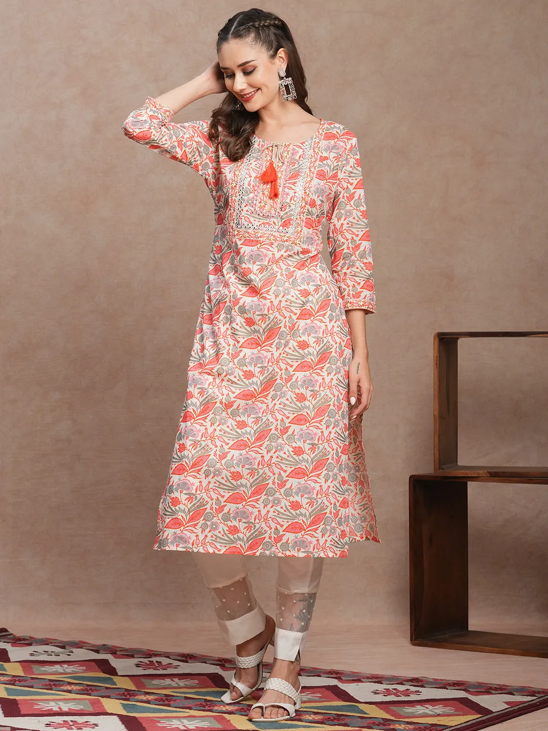 Ethnic Floral Printed & Mirror Embroidered Straight Fit Kurta - Off White