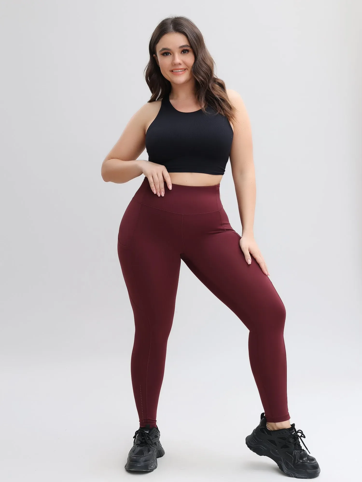 Midsize Stretchy High Waist 9/10 Double Fleece Soft Sports Yoga Leggings with Pockets