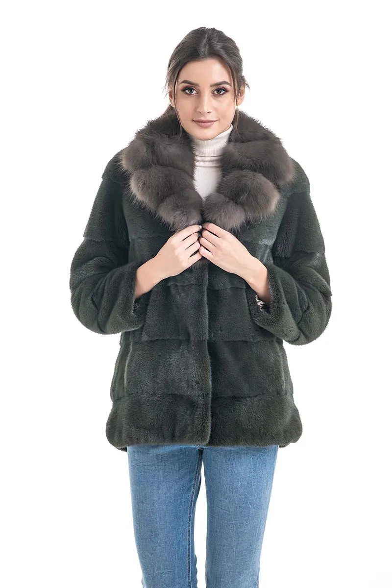 Olive Genuine Mink Fur Coat with Marten Fur Collar