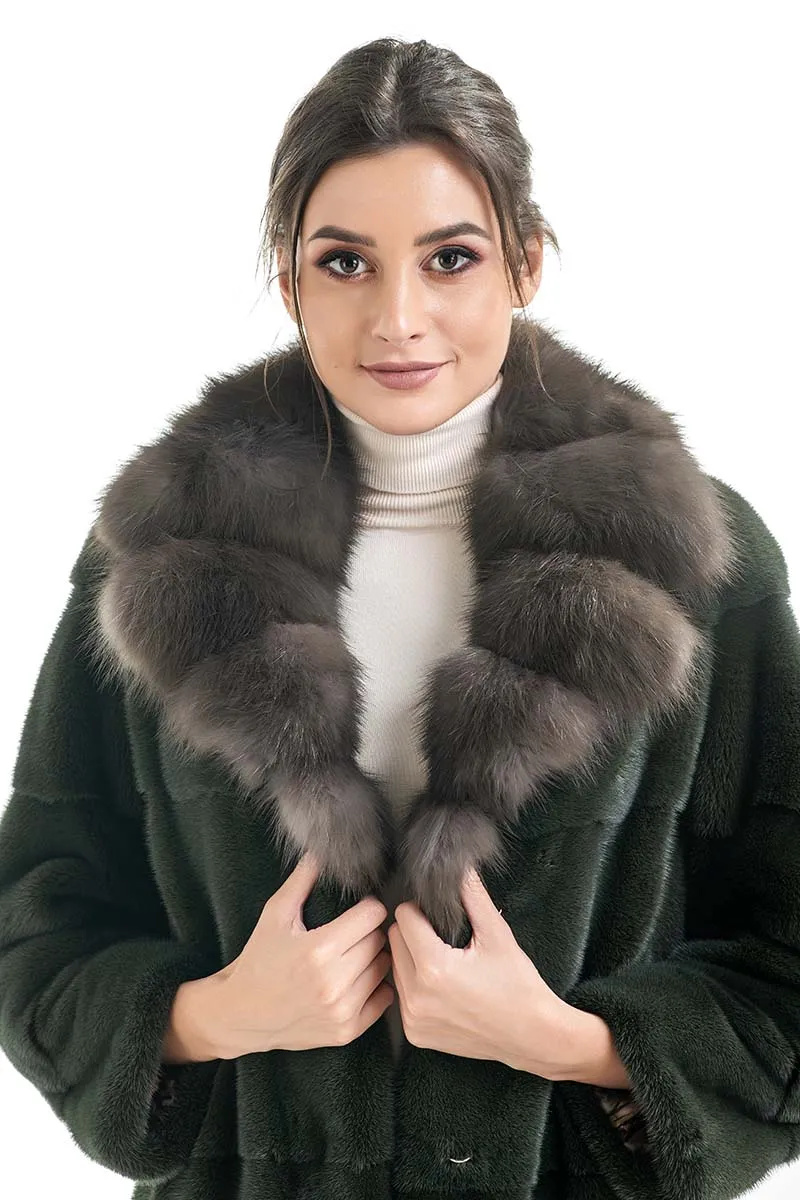 Olive Genuine Mink Fur Coat with Marten Fur Collar