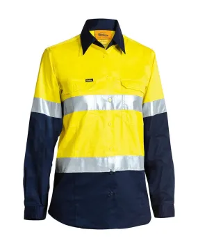 Womens Taped Hi Vis Cool Lightweight LS Drill Shirt - Yellow/Navy