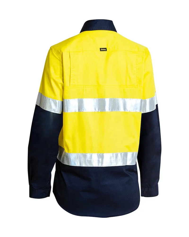 Womens Taped Hi Vis Cool Lightweight LS Drill Shirt - Yellow/Navy