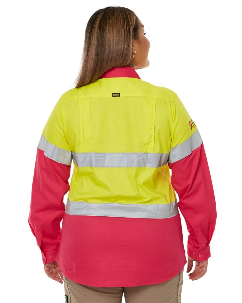 Womens Taped Hi Vis Cool Lightweight LS Drill Shirt - Yellow/Pink