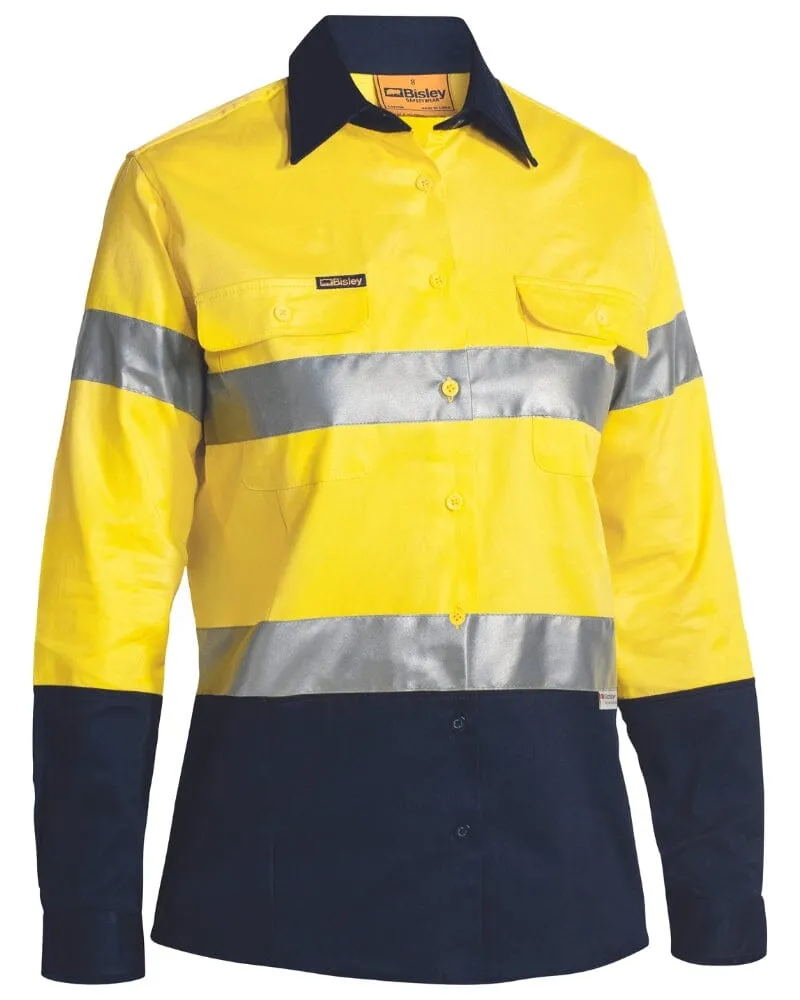 *Womens Taped Hi Vis LS Drill Shirt* - Yellow/Navy